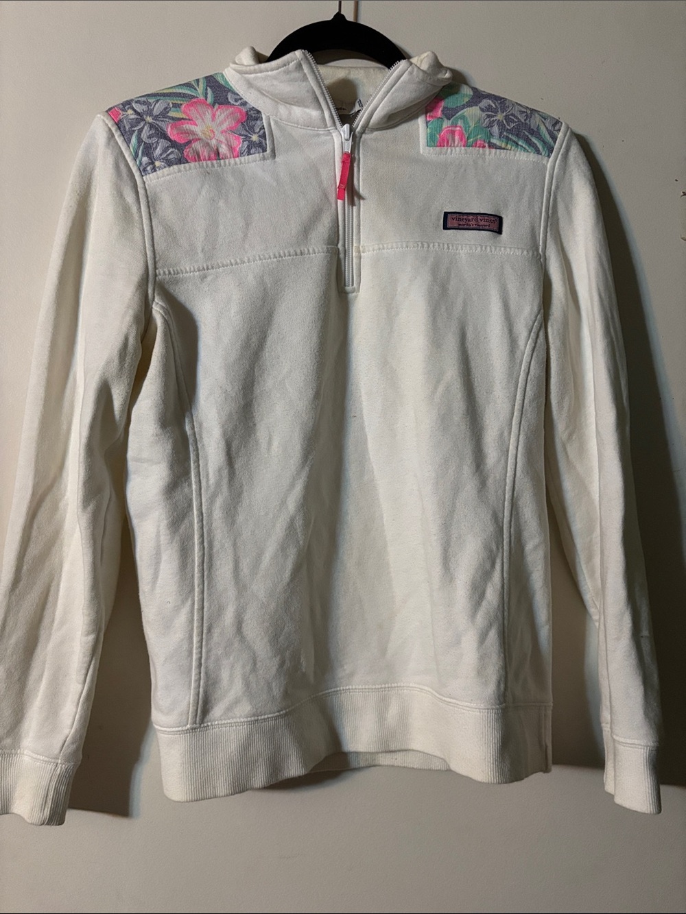 Vineyard Vines Cream Half-Zip Turtleneck with Pink Floral Shoulders
